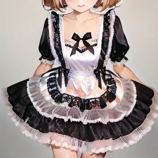 White and Black Lace-Trimmed Shiny Satin Apron Maid Dress