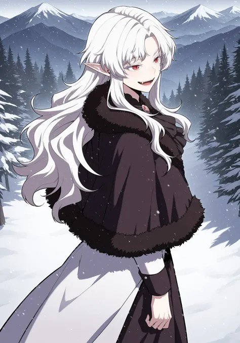 score_9, score_8_up, score_7_up, score_6_up, masterpiece, best quality, 1girl, OpheliaKJ, red eyes, slit pupils, white hair, long hair, pointy ears, parted bangs, sidelocks, wavy hair, colored eyelashes, open mouth, fangs, smile, vampire, frilled shirt collar, black ascot, brooch, black fur trim, fur-trimmed capelet, black capelet, fur-trimmed coat, white coat, long coat, long sleeves, black dress, long dress, from above, from side, standing, forest, mountain, snowing, snow, outside, looking away