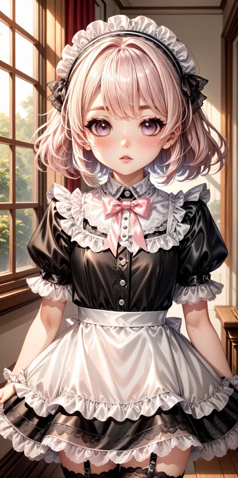 Black and White Shiny Brocade Satin Maid Dress with Pink Bow