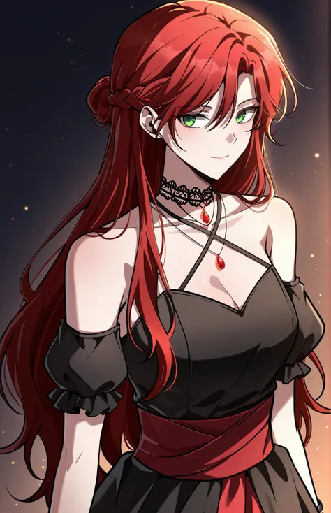 <lora:Infinite_Mage__Amy_Karmis_v2:1>
Amy3, 1 girl, solo, long red hair, french braid, braided bun, partially tied hair, side-swept bangs, hair between eyes, green eyes,
Amy_outfit6, black dress, criss-cross straps, bare shoulders, cleavage, black puff sleeves, red waistband, red inner skirt, high-low skirt, black choker, lace choker, red gem necklace, layered necklace, black bracelet,
score_9, score_8_up, score_7_up, score_6_up, source_anime, rating_explicit, masterpiece, best quality, intricate details, gothic fantasy, confident gaze, cinematic lighting, clean background, glowing magical particles, detailed face, vibrant colors, light smile