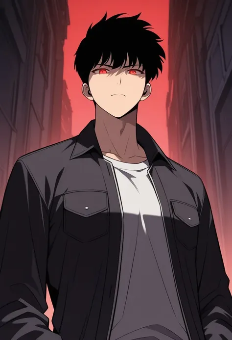 score_9, score_8_up, score_7_up, score_6_up, masterpiece, best quality, JinhyukKJ, black hair, short hair, red eyes, glowing eyes, looking at viewer, shirt, jacket, upper body, open clothes, open jacket, closed mouth, black jacket