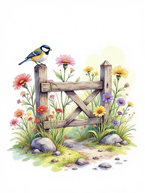 C_Watercolor Pastoral Style_Creation Of Fences With Birds And Flowers