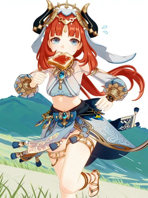 masterpiece, best quality, amazing quality,, <lora:genshin-nilou-ingame-illustriousxl-lora-nochekaiser:1>, nilou, nilou (genshin impact), red hair, twintails, blue eyes, long hair, very long hair, mature female, medium breasts, 3d, blue skirt, bracer, circlet, crop top, dancer, detached sleeves, fake horns, gladiator sandals, gold footwear, gold trim, horns, jewelry, long sleeves, neck ring, puffy long sleeves, puffy sleeves, sandals, skirt, thighlet, thighs, veil, white headwear, white sleeves, white veil,, <lora:food-in-mouth-running-illustriousxl-lora-nochekaiser:1>, food in mouth running, food in mouth, running, bread, bread slice, food, toast in mouth, toast, sweatdrop, motion lines, motion blur, outdoors, cowboy shot, hill, grass, open, landscape, sky, cowboy shot, solo, looking at viewer, <lora:transparent-background-illustriousxl-lora-nochekaiser:1>, transparent background, simple background, white background