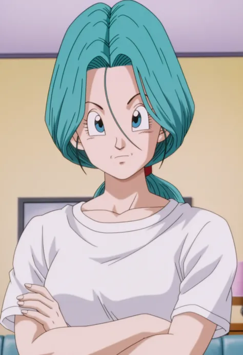 bulma (future), 1girl, mature female, long hair, low ponytail, looking at viewer, white shirt, t-shirt, upper body, crossed arms, indoors, living room, blurry, anime coloring, anime screencap, masterpiece, best quality, highres, highly detailed, intricate details, absurdres, very awa, very aesthetic, newest