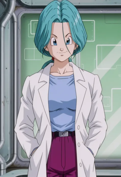 bulma (future), 1girl, mature female, long hair, low ponytail, looking at viewer, lab coat, blue shirt, purple pants, light smile, medium breasts, standing, cowboy shot, hands in pockets, indoors, laboratory, blurry, anime coloring, anime screencap, masterpiece, best quality, highres, highly detailed, intricate details, absurdres, very awa, very aesthetic, newest