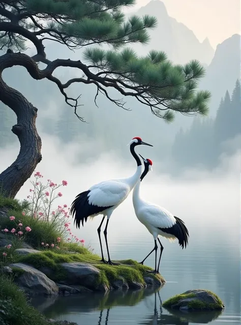E_Chinese - Style Pine Trees And Red - Crowned Cranes_Landscape Scene Generation
