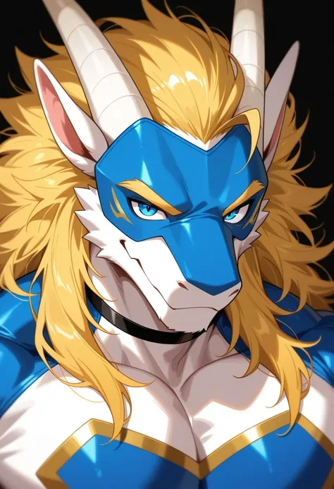 best quality, amazing quality, very aesthetic, 1boy, solo, furry, male, anthro, Anthropomorphic Dragon, ((white body, white skin)), blonde hair, long hair, messy hair, white horns, blue eyes, blonde eyebrows, muscular male, large pectorals, huge pectorals, male focus, anthro, furry male, mature male, animal ears, (((Blue Superhero Suit, Gold Details), Black Choker, Blue Eye Mask))
BREAK close up, face focus, smile, 1/2 view, smiling, simple black background
BREAK natural lighting, depth of field, blurry foreground, motion blur, very awa, masterpiece, best quality, absurdres, newest, perfect quality, detailed background, intricate details, detailed background, masterpiece, best quality, absurdres, newest, perfect quality, best quality, intricate details, highres, 4k quality, HD, newest, Fur7yF0cu5, civifur