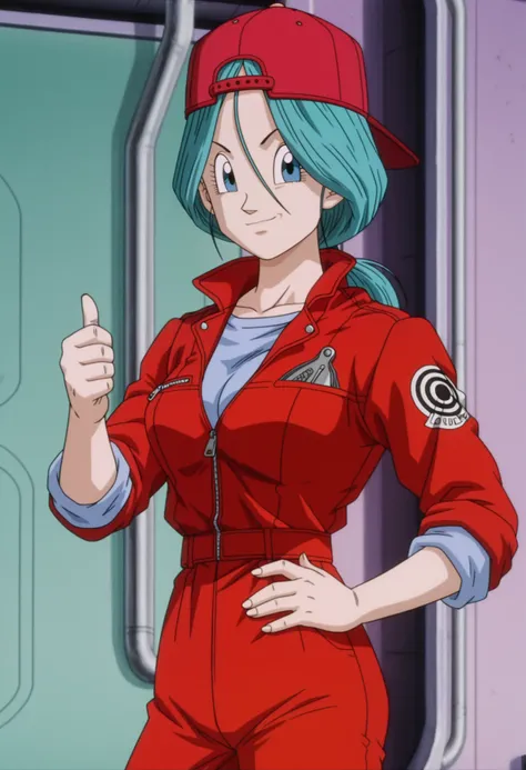 bulma (future), 1girl, mature female, long hair, low ponytail, looking at viewer, light smile, red cap, backwards hat, red jacket, sleeves rolled up, zipper, shirt, medium breasts, standing, cowboy shot, hand up, thumbs up, hand on hip, red pants, indoors, blurry, anime coloring, anime screencap, masterpiece, best quality, highres, highly detailed, intricate details, absurdres, very awa, very aesthetic, newest