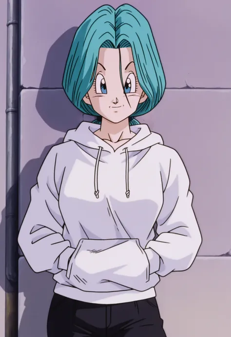 bulma (future), 1girl, mature female, long hair, low ponytail, looking at viewer, white hoodie, hood down, standing, cowboy shot, casual, black pants, hands in pockets, outdoors, wall, sexy, leaning against wall, retro, retro artsyle, anime coloring, anime screencap, masterpiece, best quality, highres, highly detailed, intricate details, absurdres, very awa, very aesthetic, newest,