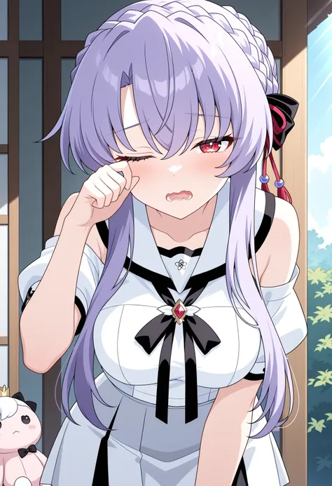 masterpiece, best quality, high resolution, source_anime, highly detailed illustration, detailed eyes,  
very aesthetic, absurdres, newest, amazing quality, 
1girl, solo, anime screencap,
<lora:shiSorakadoAoV1ill:1>, 
shisorakadoaodef,  long hair, purple hair, red eyes, eyelashes, eyes visible through hair,  
hair ornament, bow, hair between eyes, sidelocks, braid, hair bow, single hair bun, braided bun, crown braid, tassel hair ornament,
white shirt, school uniform, white sailor collar, puffy sleeves, puffy short sleeves, black bow, pleated skirt, miniskirt, white skirt,  
blush, open mouth, wavy mouth, lower teeth only, teeth, sleepy, rubbing eyes,  
bare shoulders, collarbone, shirt, white shirt, off-shoulder shirt, off shoulder, large breasts, medium breasts, breasts, upper body,  
stuffed toy,  
looking at viewer, leaning forward, hand up,  
outdoors, day, indoors, sunlight,