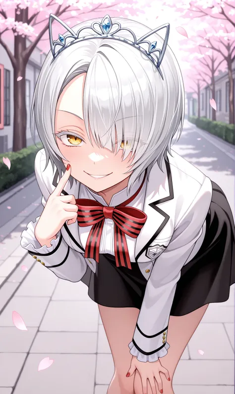 <lora:chartreux_westia_illust_scarxzys:1>, chartreux westia, striped bowtie, red bowtie, dahlia academy boarding school uniform, frilled sleeves, frills, hair over one eye, jacket, school uniform, black skirt, short hair, tiara, white hair, white jacket, white shirt, yellow eyes, colored eyelashes,  long sleeves, red nails, fingernails,  asymmetrical bangs,  1girl, solo, masterpiece, best quality, amazing quality, cherry blossoms, street, looking at viewer, close-up, leaning forward, evil smile, finger to cheek