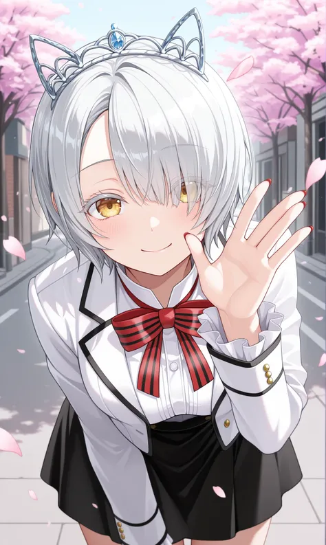 <lora:chartreux_westia_illust_scarxzys:1>, chartreux westia, striped bowtie, red bowtie, dahlia academy boarding school uniform, frilled sleeves, frills, hair over one eye, jacket, school uniform, black skirt, short hair, tiara, white hair, white jacket, white shirt, yellow eyes, colored eyelashes,  long sleeves, red nails, fingernails,  asymmetrical bangs,  1girl, solo, masterpiece, best quality, amazing quality, cherry blossoms, street, looking at viewer, close-up, leaning forward, smile, waving, thigh