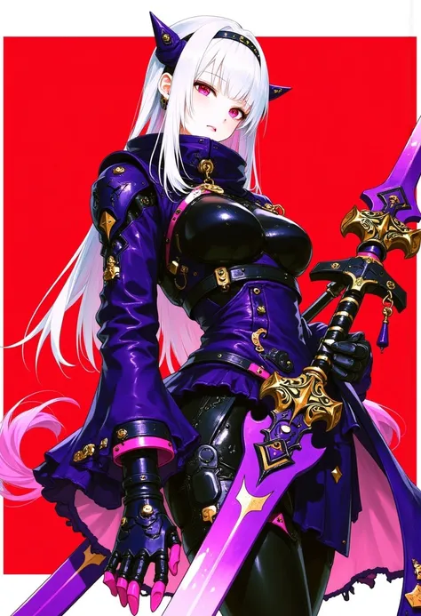 anime illustration shows a female character with long white hair and pink eyes, wearing a black and purple outfit with a high collar and long sleeves in a futuristic design. She holds two large purple swords with intricate designs, long curved blades, and sharp pointed tips, and wears black gloves with pink accents. She has a serious expression and stands in front of a red background.