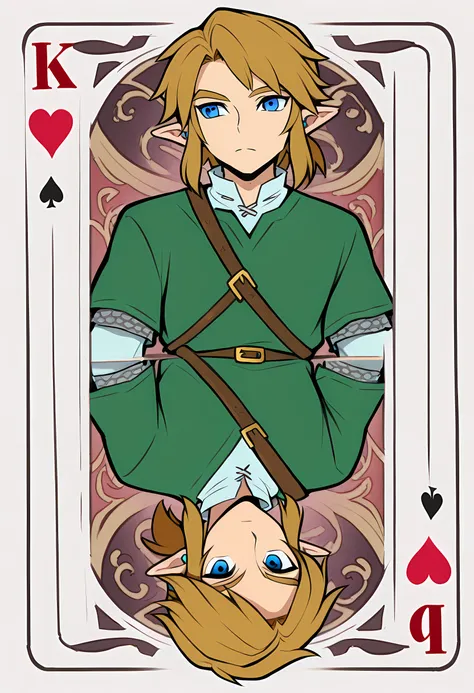 Masterpiece, newest, perfect quality, best quality, 1boy, solo, link, c4rd, card (medium), playing card, rotational symmetry, hearts (shape), king_of_hearts_(playing_card)