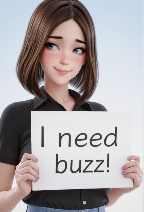 masterpiece, best quality, newest, absurdres, very aesthetic, digital painting, 1girl, solo, Samhung, <lora:Samsung_Sam_Unnero1:0.8>, (Blue background, white background, gradient background), (upper body), (blue eyes, brown hair, lips, smile, shy, blush, medium hair, mole under eye, short hair, parted bangs, thick eyebrows, freckles, looking away), (buttons, collared shirt, black shirt, short sleeves), (blue nails, need_buzz, holding sign, <lora:NeedBuzz_sign_Illustrious:1>), 3d