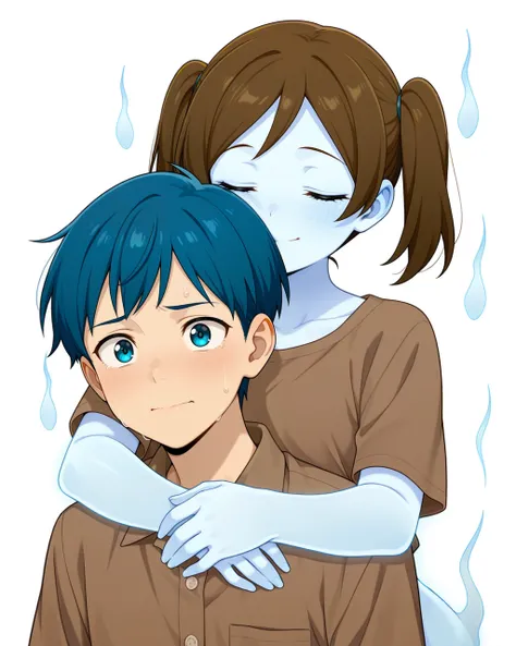 Civitai マンガとかである、幽霊っぽい半透明女性に抱きしめられた泣き顔で決意する少年/ Boy hugged by ghost