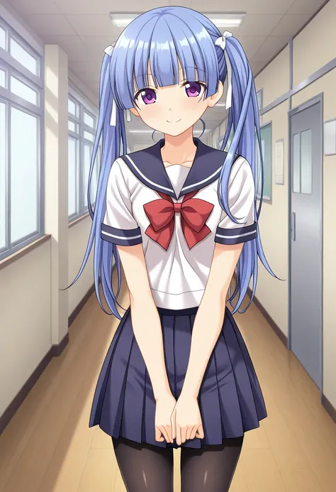 1girl, solo, ingokumizunene, blue hair, long hair, twintails, blunt bangs, hair ribbon, purple eyes, shirt, short sleeves, sailor collar, neck bow, pleated skirt, black pantyhose, school uniform, indoors, hallway, v arms, cowboy shot, standing, looking at viewer, smile