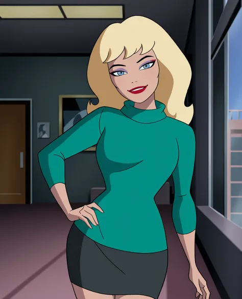 sapphirestagg, 1girl, blonde hair, long hair, green turtleneck,black shirt, blue eyes,lipstick, makeup, looking at viewer, hand on own hip, cowboy shot,smile, masterpiece, best quality,indoors, window,  amazing quality, very aesthetic, absurdres  <lora:SapphireStaggJLIllustrious1.0JLFO:1>