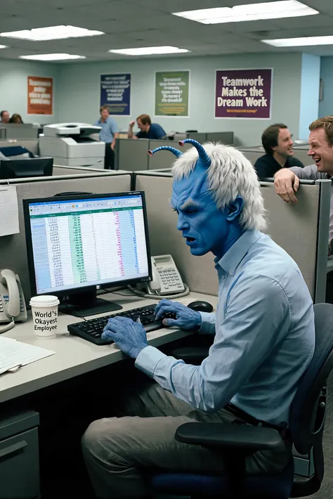 An Andorian man with cobalt blue skin and shaggy white hair is sitting at a computer in a crowded office cubicle, dressed in a button-up shirt and slacks, staring at the Excel spreadsheet on his screen with a look of absolute confusion. His antennae twitch with frustration as he tries to make sense of the formulas, while the office around him buzzes with the typical sounds of ringing phones, typing, and low murmurs of conversation. A coffee cup with the words âWorldâs Okayest Employeeâ sits next to his keyboard, untouched, as he furrows his brow and clicks through endless tabs. The fluorescent lighting casts a sterile glow over the cubicles, and motivational posters line the walls with cheesy sayings like "Teamwork Makes the Dream Work." A co-worker casually leans on the divider, chuckling as they offer some unhelpful advice, while the Andorianâs antennae twitch irritably in response. In the distance, the hum of a copy machine adds to the background noise, and a faint smell of reheated lunch drifts through the air. It's a slice of typical office life, but the Andorianâs alien confusion with office software brings an amusing twist to the otherwise monotonous scene.