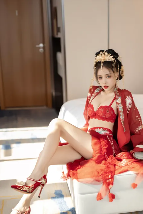  WAN 2.2 T2V Red traditional Chinese embroidered skirt, lace bra, red high heels