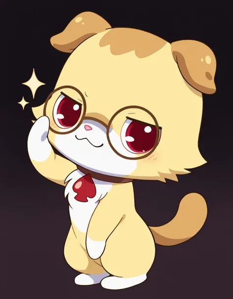 best quality, masterpiece, amazing quality, jpalex, solo, no humans, chibi,  male, no finger hands, yellow fur, folded brown ears, brown pattern, pink nose, brown choker, red spade brooch, brown glasses, no eyebrows, glasses sparkling, red eyes, turning head to side, looking at viewer, :3, smug face, hand on glasses, dark background, shaded face, face portrait, head shot
