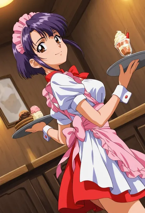 masterpiece,best quality,amazing quality, ,anime coloring, source_anime,official art,perfect_anatomy,1990s_(style), 1girl, solo, Shiba,short hair, dark grayish purple hair, sidelocks, brown eyes, medium breasts, young adult, waitress, white dress, wrist cuffs, pink apron, puffy short sleeves, pink maid headdress, red neck bow, red skirt, restaurant, inside, looking back at viewer, smile, walking away, holding a tray of ice cream, Dutch angle,