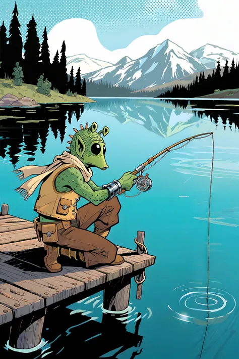 A high-quality comic bookâstyle illustration with bold inking, sharp contrasts, and vibrant cel-shaded coloring. The scene depicts a Rodian alien (green-skinned, bug-eyed, with textured snout and spiny head crests) fishing peacefully at the edge of a tranquil mountain lake. The style leans into graphic clarity and exaggerated details, with strong black outlines, dynamic hatching for shadows, and saturated colors that pop against the calmer background.
The camera angle is a low diagonal, three-quarter view from just behind and slightly below the Rodian, as if the viewer is kneeling on the wooden dock at his side and looking slightly upward at him. This angle emphasizes both his posture and the vastness of the lake spreading out behind him. The fishing rod extends out into the scene, leading the viewerâs eye toward the reflective water.
The Rodian is sitting casually on a rough wooden dock, legs crossed, one elbow resting on a bent knee, holding a long fishing rod with an old-fashioned reel. His posture is relaxed but alert, head tilted slightly in focus as he watches the water. His clothing is a mix of rustic earth-tones and sci-fi detail: a tan vest with multiple pouches, loose brown pants tucked into weathered boots, and a light scarf draped over one shoulder, flapping slightly in the breeze. Around his wrists, metallic bangles glint against his green skin, adding texture and variety.
His alien features are rendered in bold comic style: large, round reflective eyes shaded with solid blacks and stark white highlights; textured snout lines inked with crosshatching; and head ridges shaded with thick contour lines.
The background shows a serene lake surrounded by tall pine trees and distant snow-capped mountains under a bright sky filled with comic-style halftone gradient dots. The water surface is drawn with bold, sweeping lines and subtle inking ripples, reflecting both the Rodian and the bright sky. The fishing line arcs dramatically into the water, where faint concentric ripples suggest something tugging below.
The composition is dynamic yet calm, with the strong low angle making the Rodian slightly heroic in stature while still capturing the peaceful, solitary act of fishing. The coloring is vibrant and flat-shaded with minimal gradients, consistent with comic book aesthetics.