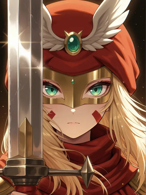 covered face, solo, 1girl, looking at viewer, facial mark, sword, closed mouth, holding sword, serious, portrait, red bandana,  gold mask, red scarf,
masterpiece,best quality,amazing quality,very aesthetic,absurdres,newest,scenery,extreme detail,8k,light particles,soft lighting,volumetric lighting,intricate details,finely detailed,<lora:Darcmon illusXL v1:0.73>,