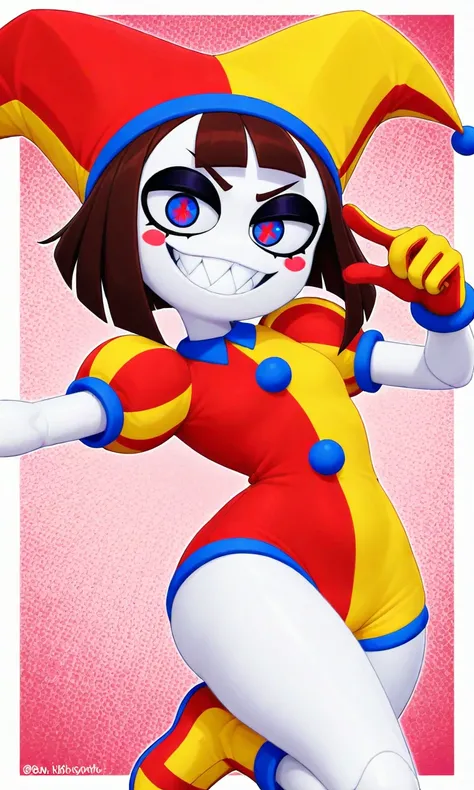pomni_evil, white skin, blush stickers, blue-red pupils, symbol-shaped pupils, brown hair, yellow-red jester outfit, jester cap, red gloves, yellow gloves, yellow shoes, red shoes, mismatched clothes, sharp teeth, black eyelids || looking at viewer, smirk, 1girl, upper body, dynamic pose, masterpiece, best quality, amazing quality, very aesthetic, absurdres, newest, upper body, halftone effect, white borders, abstract background:1.2, wide hips, thick thighs, simple background, evil grin, cartoonish, cartoon, accurate, white body