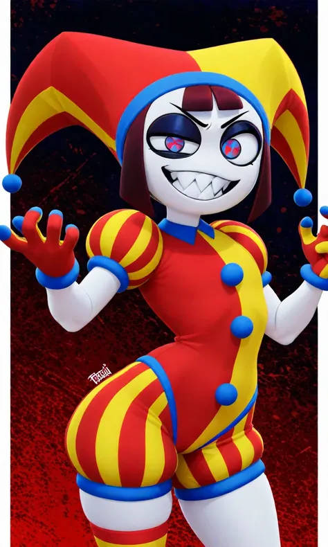 pomni_evil, white skin, blush stickers, blue-red pupils, symbol-shaped pupils, brown hair, yellow-red jester outfit, jester cap, red gloves, yellow gloves, yellow shoes, red shoes, mismatched clothes, sharp teeth, black eyelids || looking at viewer, smirk, 1girl, upper body, dynamic pose, masterpiece, best quality, amazing quality, very aesthetic, absurdres, newest, upper body, halftone effect, white borders, abstract background:1.2, wide hips, thick thighs, simple background, evil grin, cartoonish, cartoon, accurate, white body