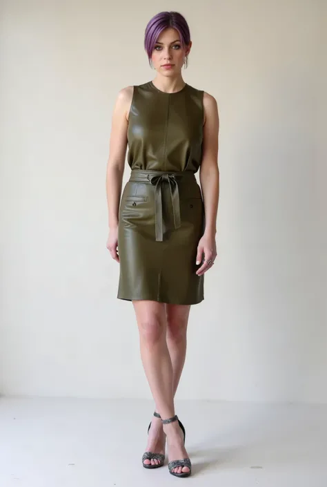Foxxy Clothing - Olive Green Leather Dress with Dark Metallic Strappy Heels