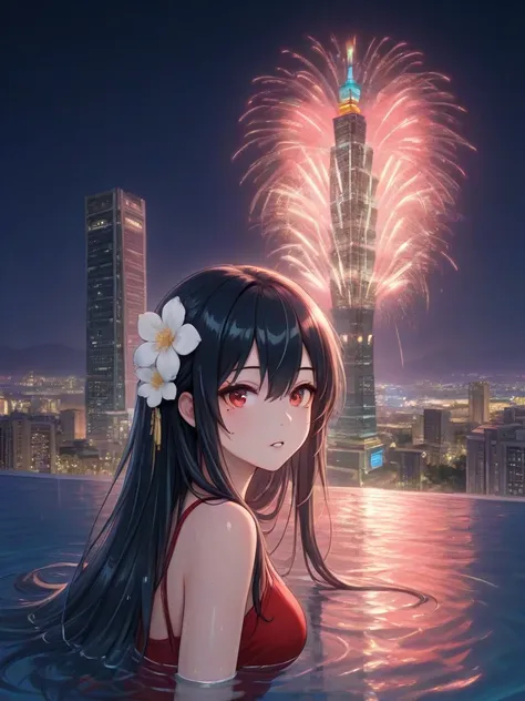 girl like rooftop pool / aerial fireworks / taipei 101