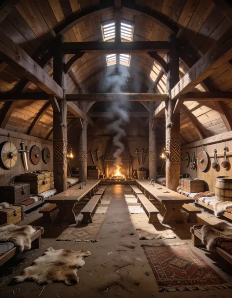 Interior of a large Viking longhouse pony