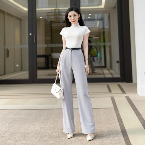  Z-IMAGE Fitted Knit Top & Wide Leg Trousers Paired With Rivet Platform Heels