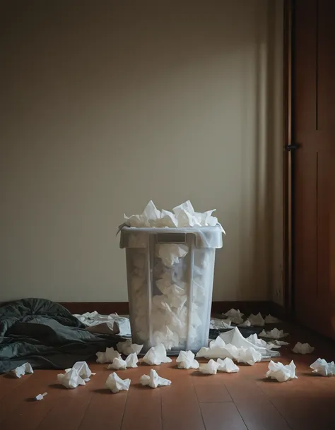 The man's messy room (Large quantities of used tissues)