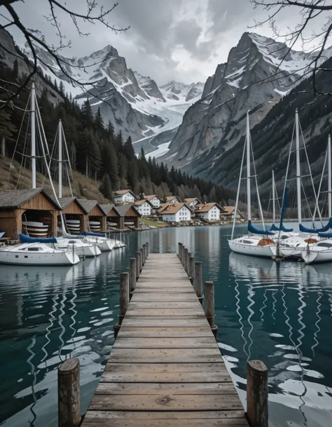 Alpine lakeside marina illu