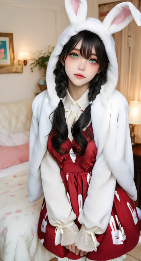 Bunny Hooded Faux Fur Coat & Lock-Print Dress