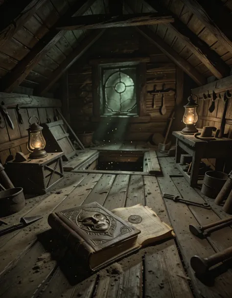 Dark medieval cabin interior illu