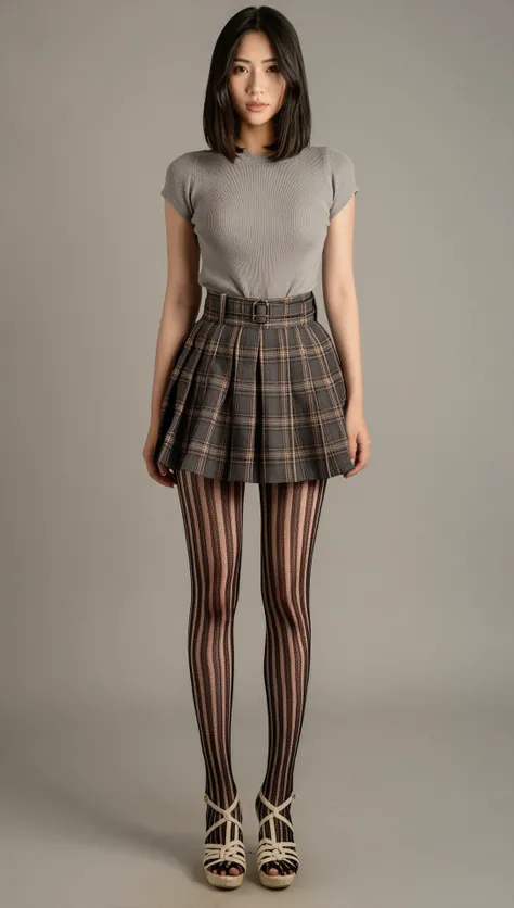 NSFW Z-IMAGE Urban Chic Lounge Look — Grey Knit Crop Top With Plaid Mini Skirt & Striped Fishnet Tig