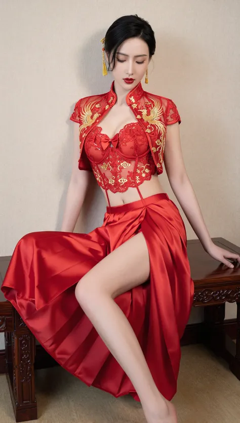  Z-IMAGE Chinese Bridal  Fusion – Crimson Lace Embroidered  Set & Satin Pleated Wrap