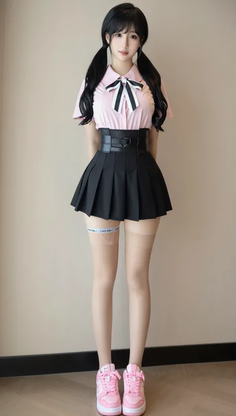  Z-IMAGE School Idol Cosplayer Ensemble - Pastel Pink Collar Shirt With Mini Pleated Skirt & Neon Sneakers Styled