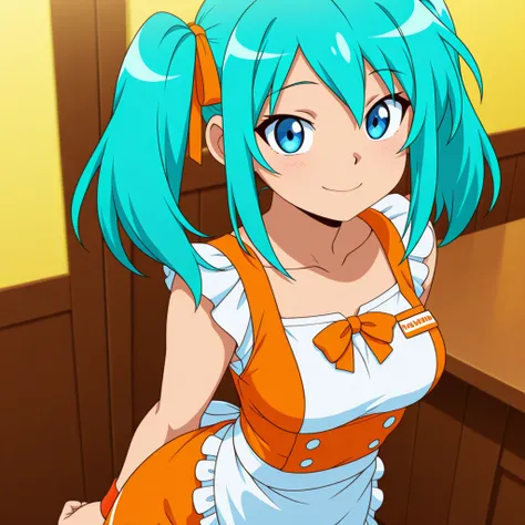 Civitai 緑髪ウェイトレス少女 / aqua hair waitress girl. medium_breasts.