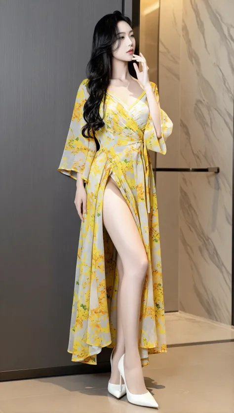  Z-IMAGE Yellow Floral Sheer Bell-Sleeve Cover-Up With  And White Pumps