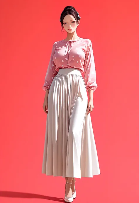 D128 Pink Floral Round Neck Shirt W Long Pleated Skirt_rel_260420