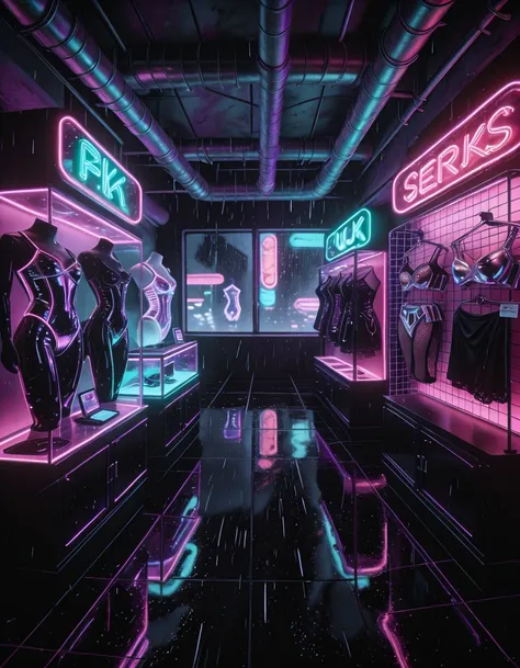 cyberpunk lingerie boutique interior illu