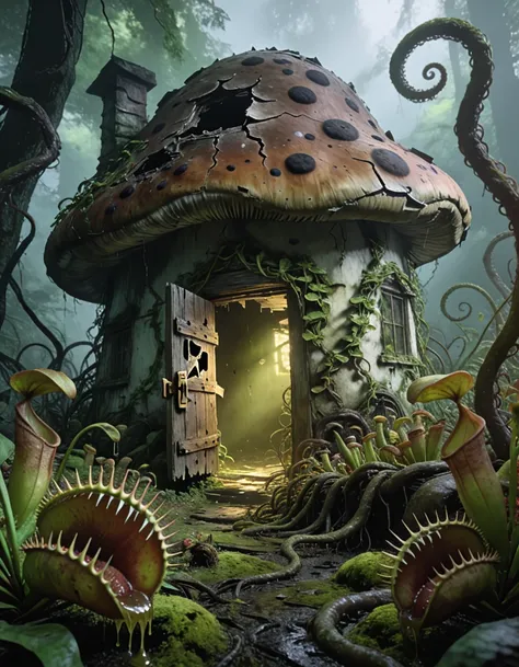 chaotic cottage shaped like a giant mushroom