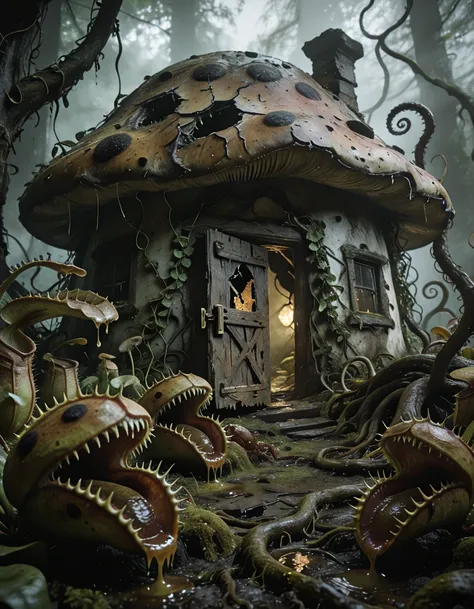 chaotic cottage shaped like a giant mushroom illu
