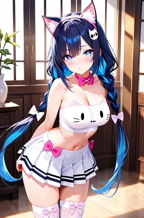 Kawaii Cat Face Tube Top & Sailor Pleated Skirt Co-ord Set