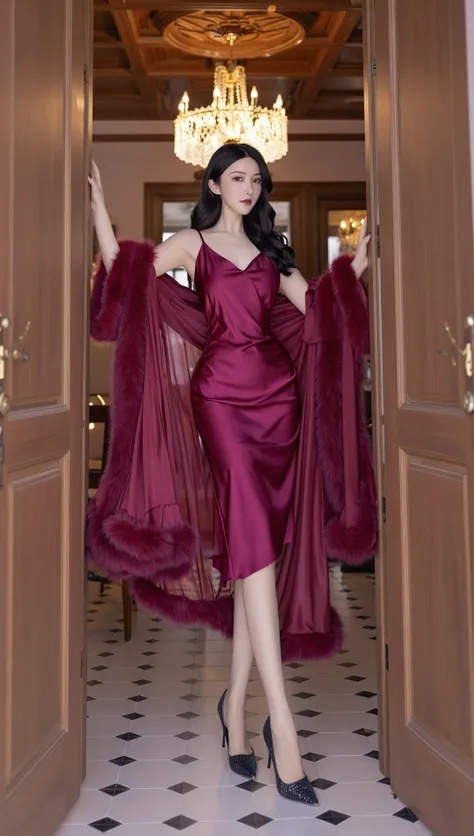  z-image  Burgundy Silk Slip Dress With Fur Cape And Sequined Stilettos