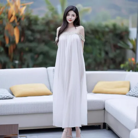 z-image Beige Pearl-Trimmed Sheer Chiffon Maxi Dress With Silver Strappy Stilettos